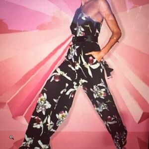 New York & Company Orchid Floral One Shoulder Jumpsuit